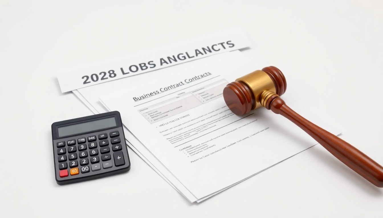 A photorealistic studio still life featuring a stack of business contracts, a calculator, and a gavel on a clean white background, conceptually representing the abstract corporate strategy and financial negotiations around the 2028 Los Angeles Olympics.