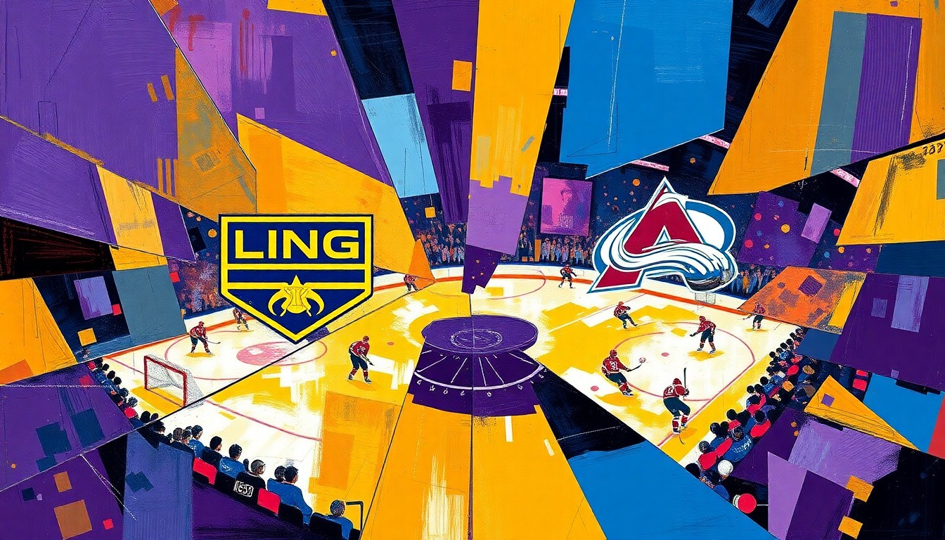 A cubist, geometric painting depicting the action of a hockey game, with sharp, overlapping shapes in the Kings' and Avalanche's team colors, conveying the intensity and physicality of their playoff matchup.