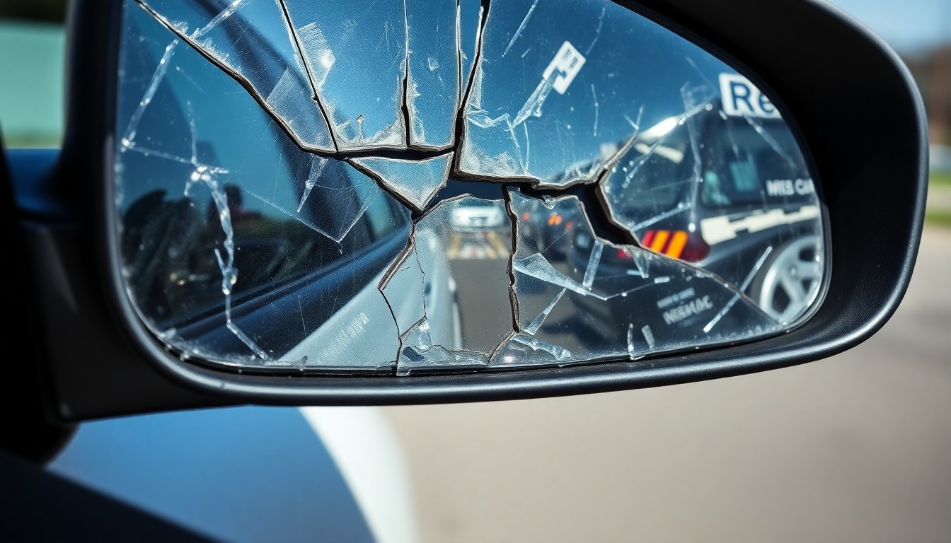 An extreme close-up photograph of a cracked and damaged car side mirror, reflecting the chaos of a recent traffic collision.