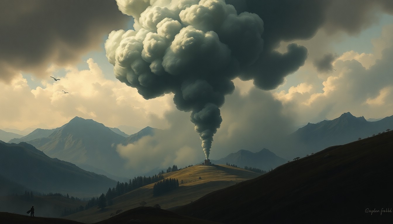 A vast, atmospheric landscape painting depicting a small, obscured building in the distance, with a towering plume of dark smoke rising into the sky, conveying the raw power and scale of a natural disaster.