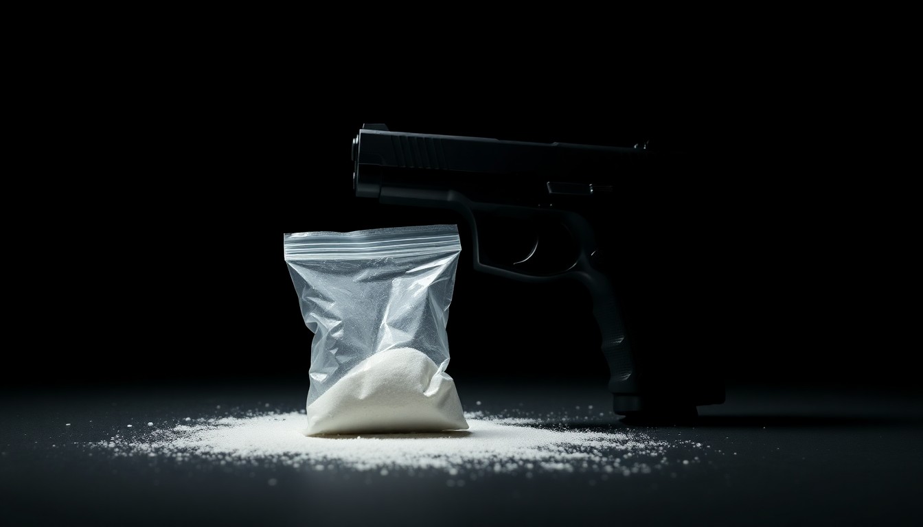 An extreme close-up photograph of a handgun and small plastic bag of white powder, conceptually illustrating the items seized from the suspect during the arrest near the school.