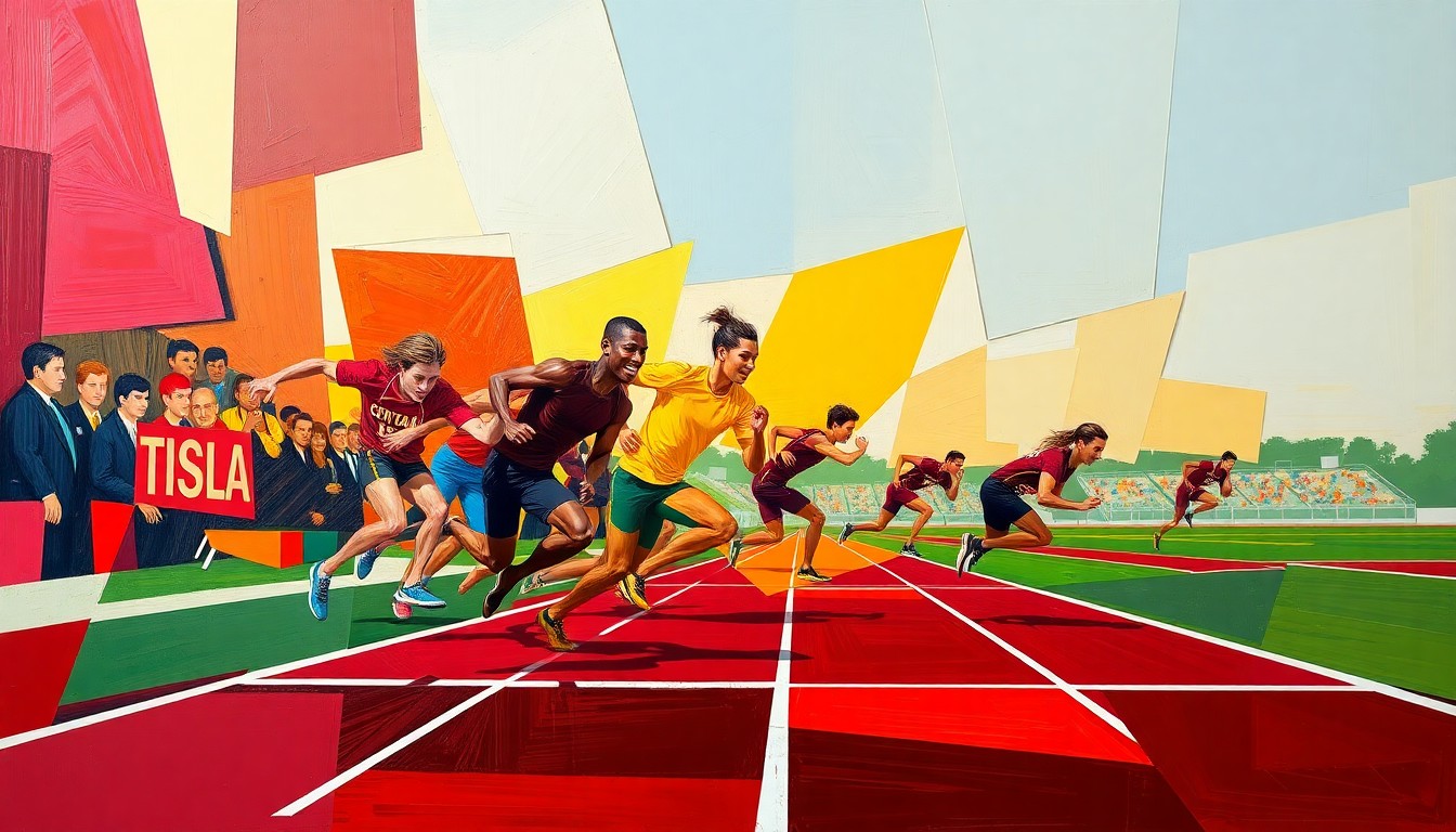 A cubist, geometric painting depicting a track and field competition, with overlapping planes of maroon and gold colors representing the Central Michigan team's colors and energy.