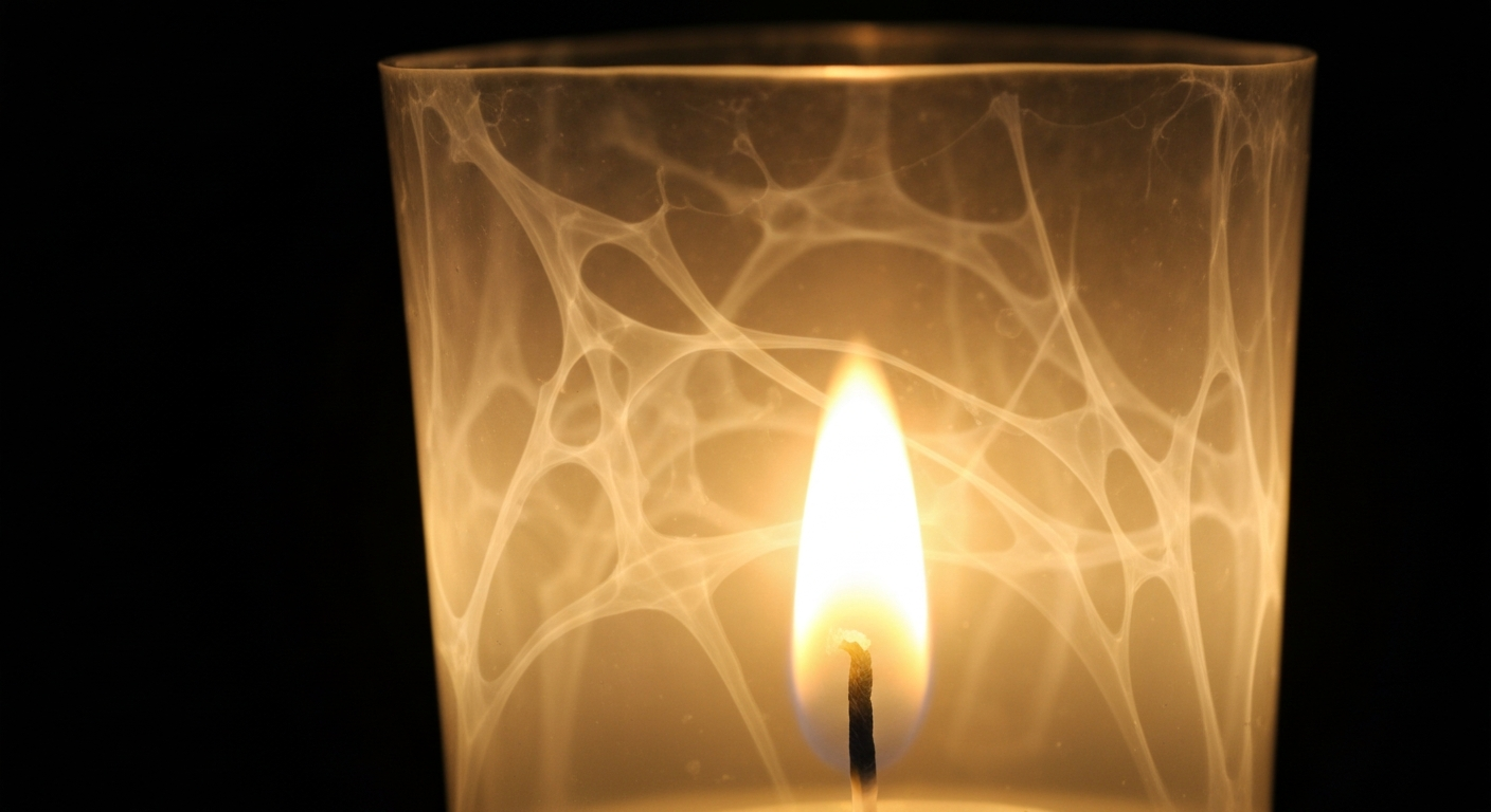 An extreme close-up X-ray photograph of a luminaria candle, its delicate internal structure glowing against a dark background, representing the fragility and resilience of the human spirit.