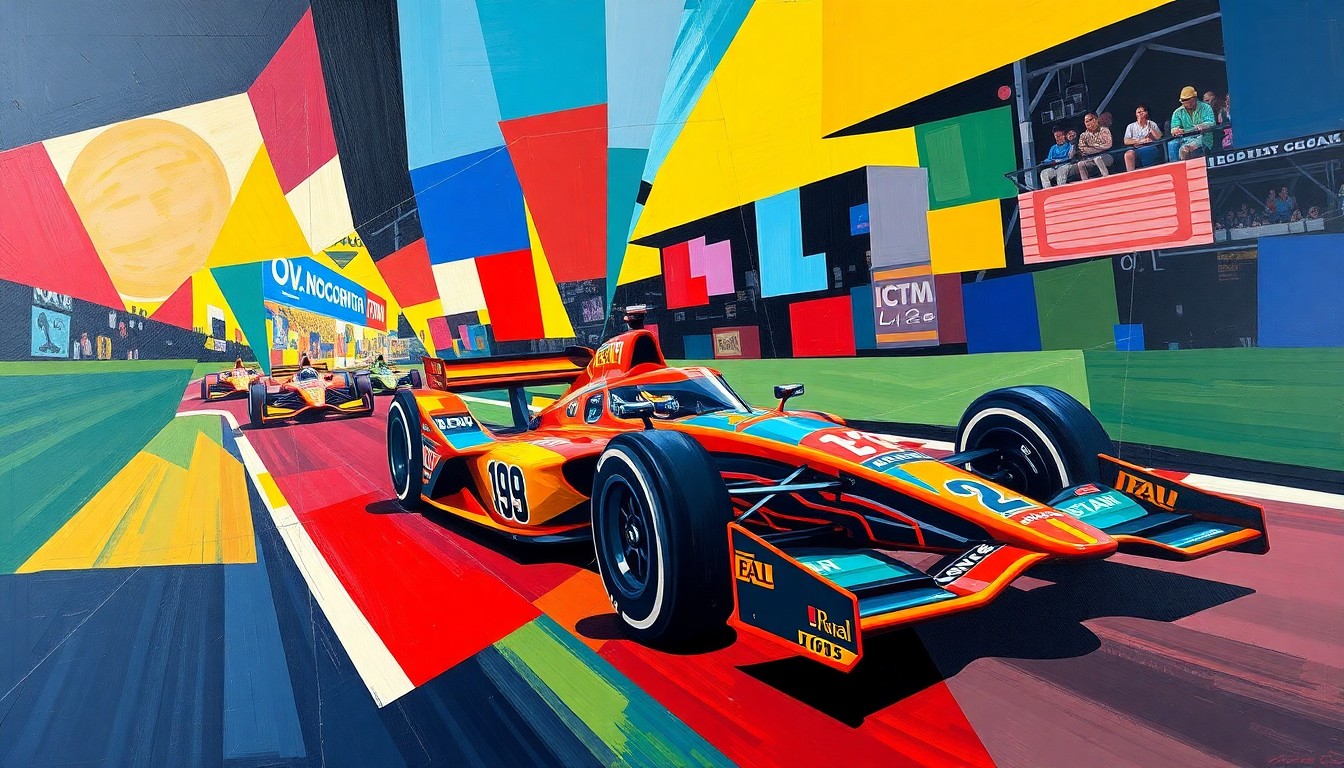 A cubist, geometric painting depicting an IndyCar race in a fractured, multi-perspective style, with sharp planes of bright racing colors and no recognizable elements.