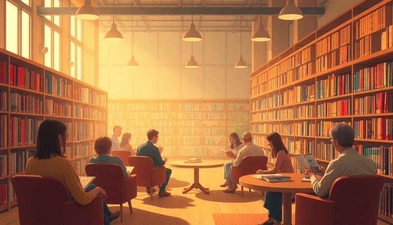 An abstract, out-of-focus photograph of people engaged in various activities within a public library, with soft pools of warm light and color creating a cozy, inviting atmosphere.