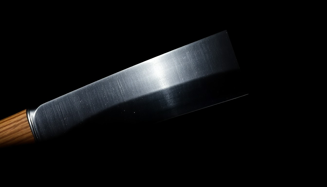 An extreme close-up of a hatchet blade against a pitch-black background, creating a stark, gritty, and investigative visual metaphor for a violent crime.