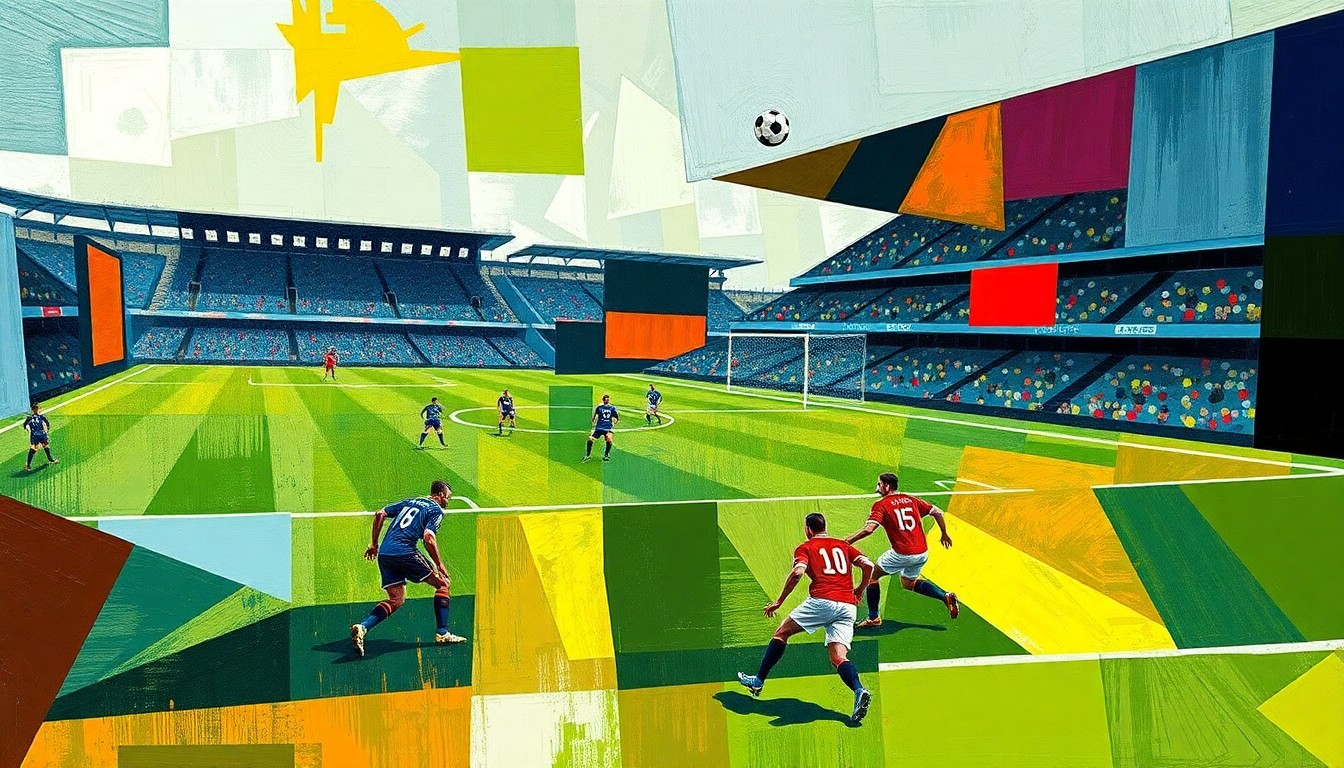 A cubist, geometric painting depicting a football field and players as fragmented, overlapping shapes and planes of color, capturing the abstract nature of the controversy surrounding the coach and reporter.