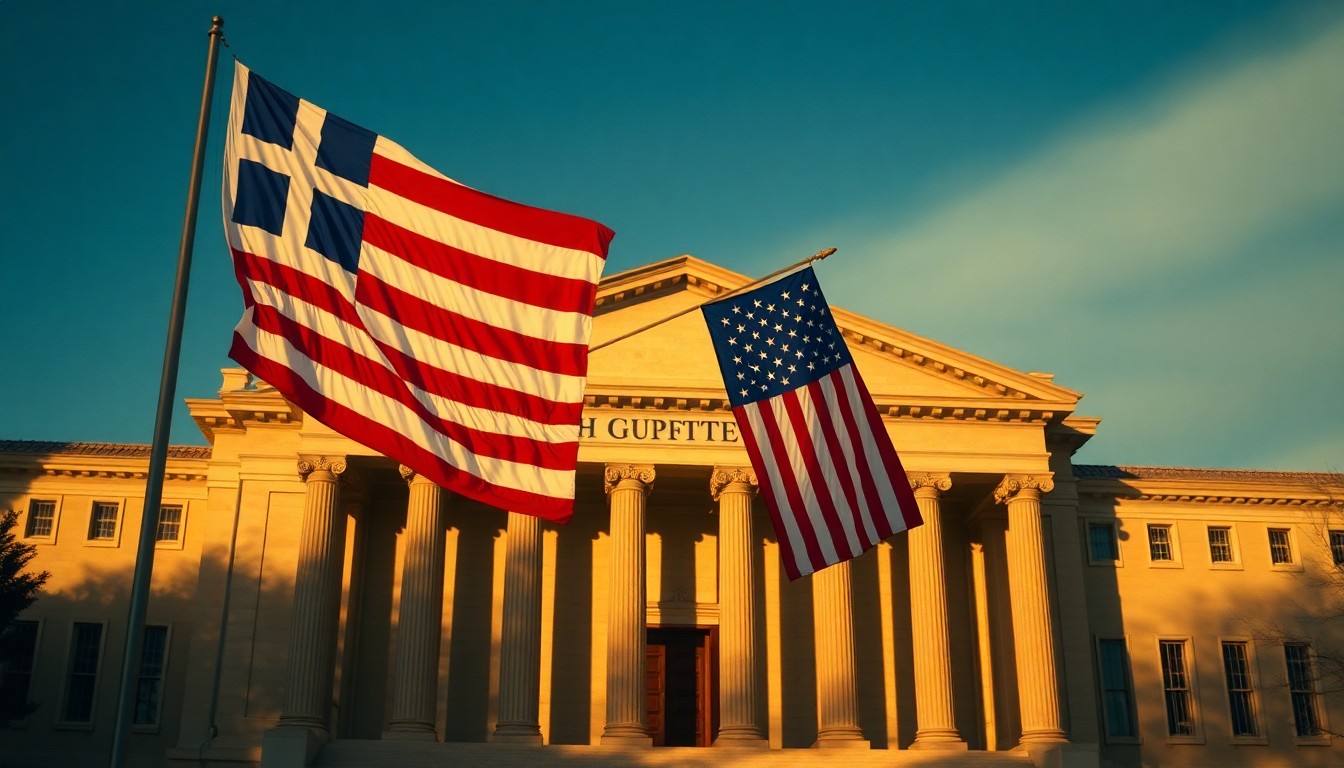 A serene, cinematic painting of two national flags draped over a stately government building, the warm sunlight and deep shadows evoking a sense of timeless tradition and growing partnership.