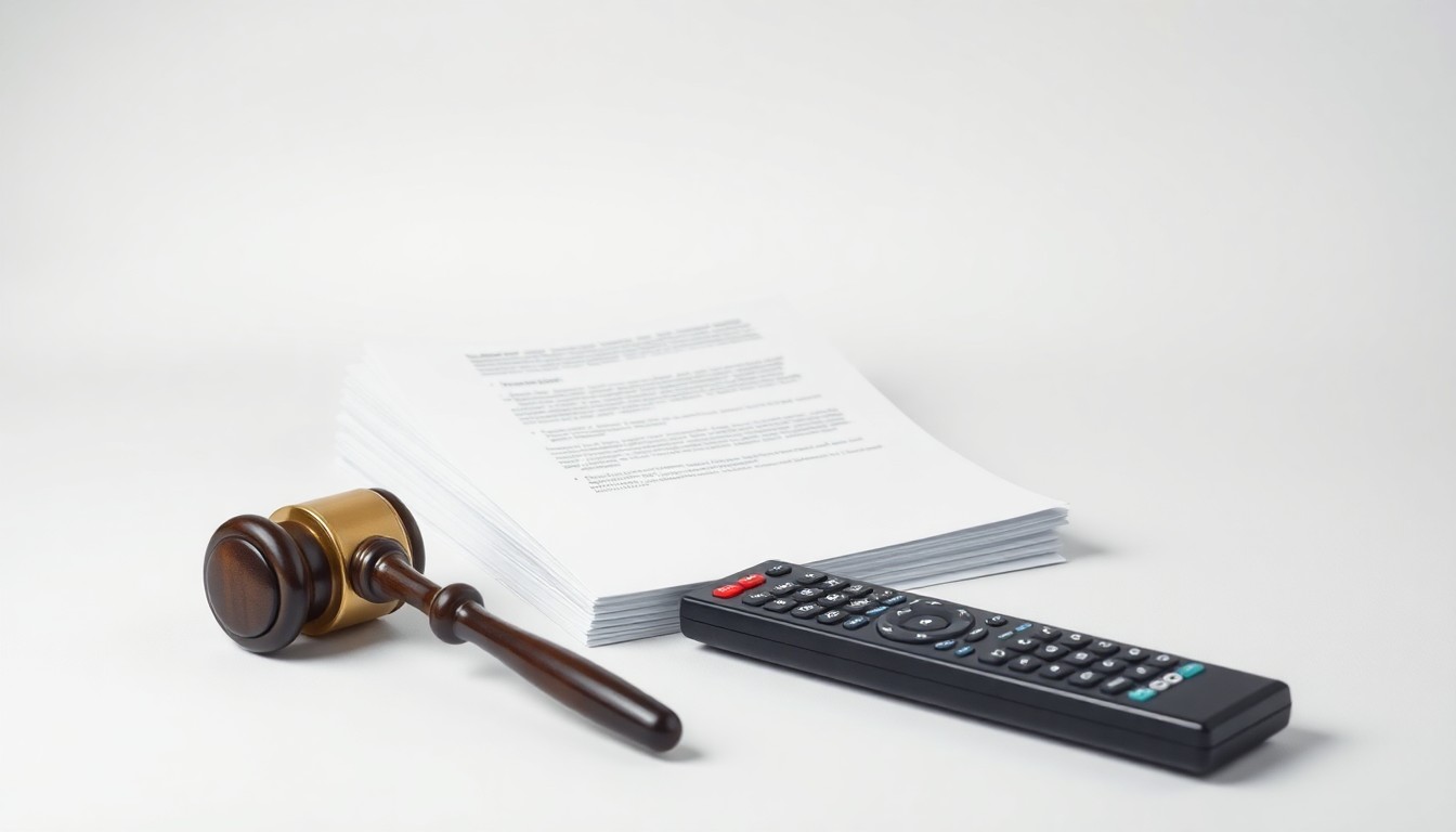 A photorealistic studio still life featuring a stack of legal documents, a gavel, and a TV remote control, symbolizing the corporate strategy and consumer impact of a blocked TV station merger.