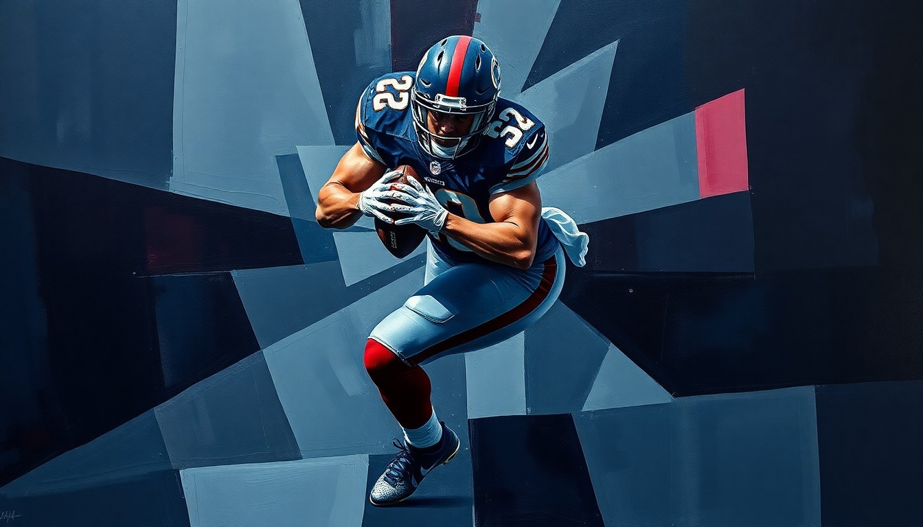 A cubist, geometric painting depicting a football player making a sack, with the action broken down into sharp, overlapping planes of dark colors, conveying the complex fallout from the Falcons' troubled draft pick.