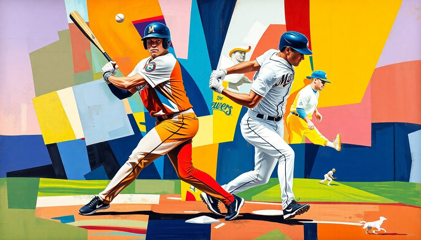 A fragmented, geometric painting depicting a baseball player's body in motion, with sharp angles and overlapping planes in the team colors of the Marlins and Brewers, conveying the dynamic energy and risk of injury in the sport.