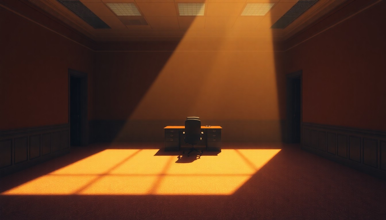 A cinematic, painterly scene of a dimly lit, empty government office space with a single desk and chair in the center, bathed in warm, diagonal sunlight and deep shadows, conceptually representing the somber mood of political accountability.
