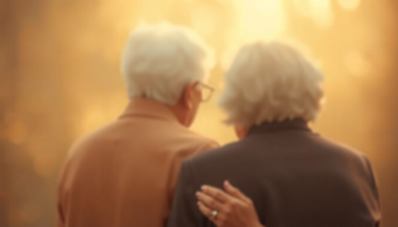 A softly blurred, intimate photograph in warm, hazy tones depicting an elderly couple, possibly holding hands or embracing, representing the lifelong love story of Gloria and Maurice Patterson.
