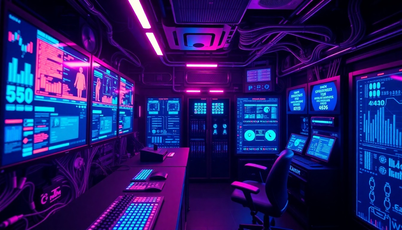 A highly detailed, glowing 3D illustration of a futuristic media control center, with illuminated cables, servers, and digital displays, conveying the convergence of technology and creativity at the heart of the media industry.