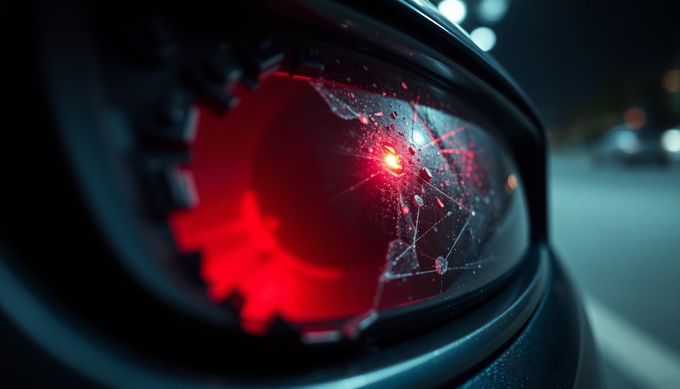 An extreme close-up photograph of a shattered car sensor lens reflecting a faint red light, conceptually representing the aftermath of a high-speed collision during a police chase.