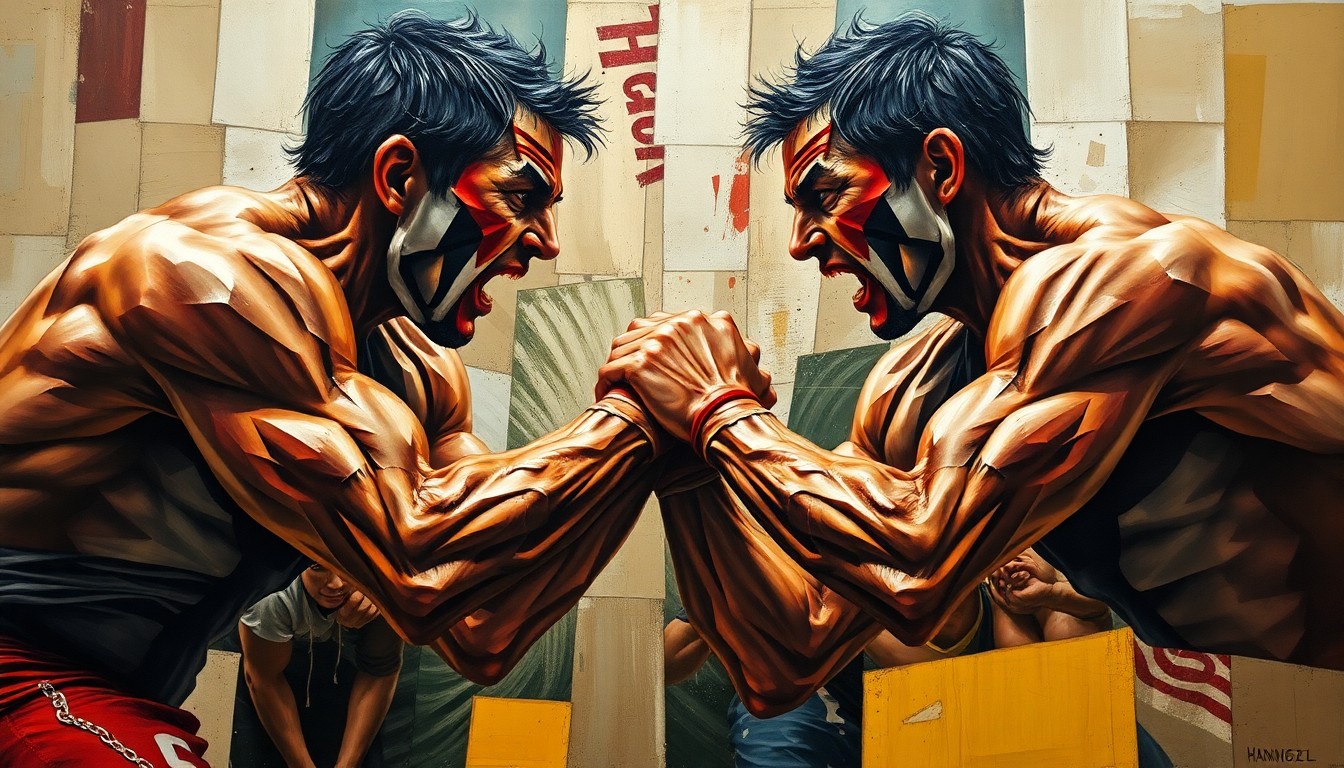 A fragmented, geometric painting depicting the raw power and grappling techniques of a Bloodsport wrestling match, with limbs and bodies broken down into sharp, overlapping planes of color.