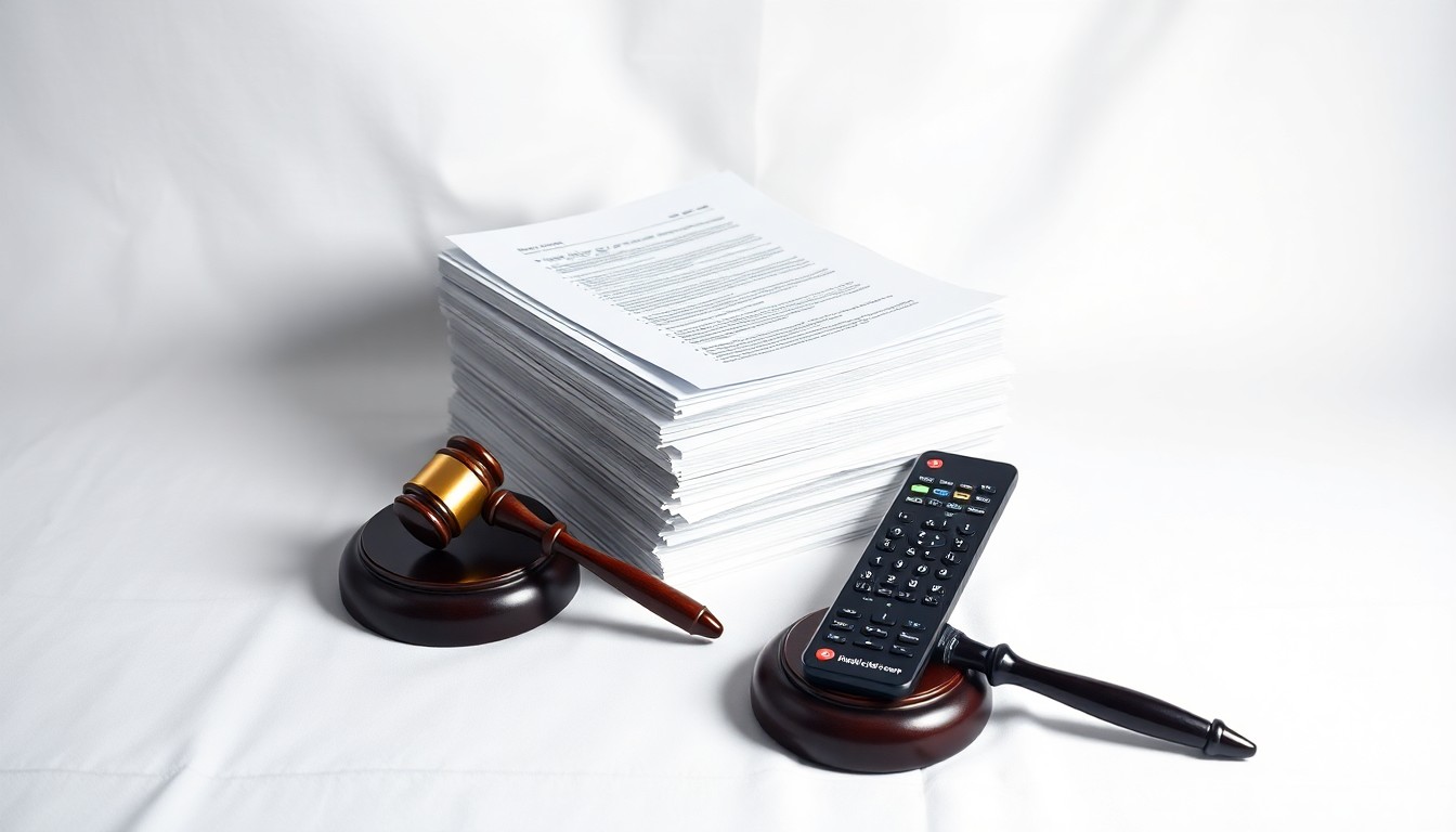 A high-end, photorealistic studio still-life photograph featuring a stack of legal documents, a gavel, and a TV remote control arranged elegantly on a clean, white background, conceptually representing the abstract corporate strategy and legal battles surrounding media mergers.
