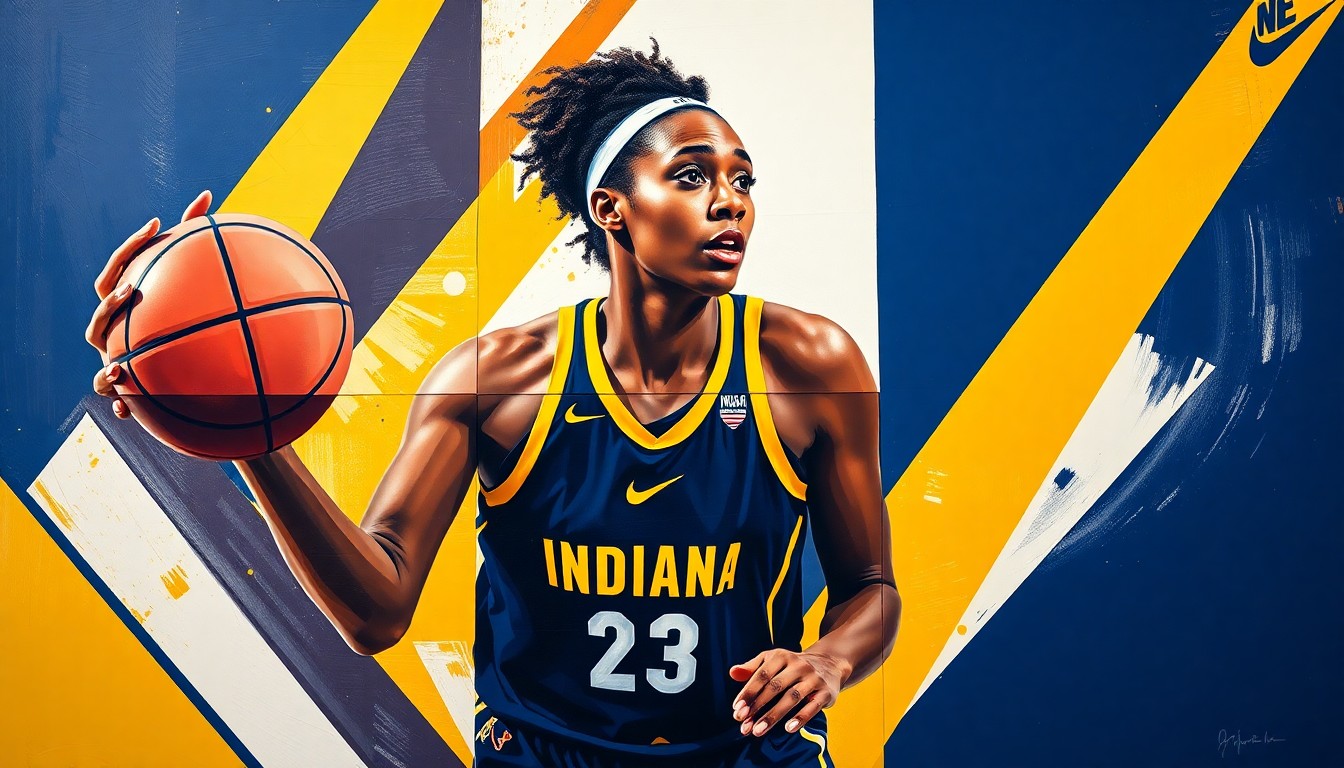 A cubist, geometric painting depicting Aliyah Boston's basketball skills and achievements, with sharp planes of navy blue, gold, and white colors representing the Indiana Fever team colors.