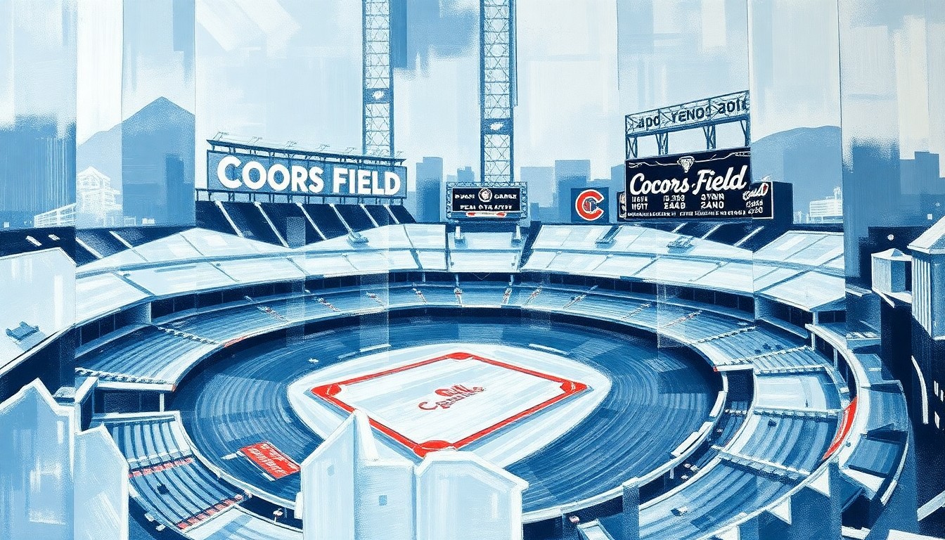 A fractured, cubist-style painting depicting the snowy Coors Field baseball stadium, with the field, stands, and surrounding structures broken down into sharp, overlapping geometric planes in a palette of icy blues, grays, and whites, conceptually representing the disruptive impact of unexpected weather on outdoor sporting events.