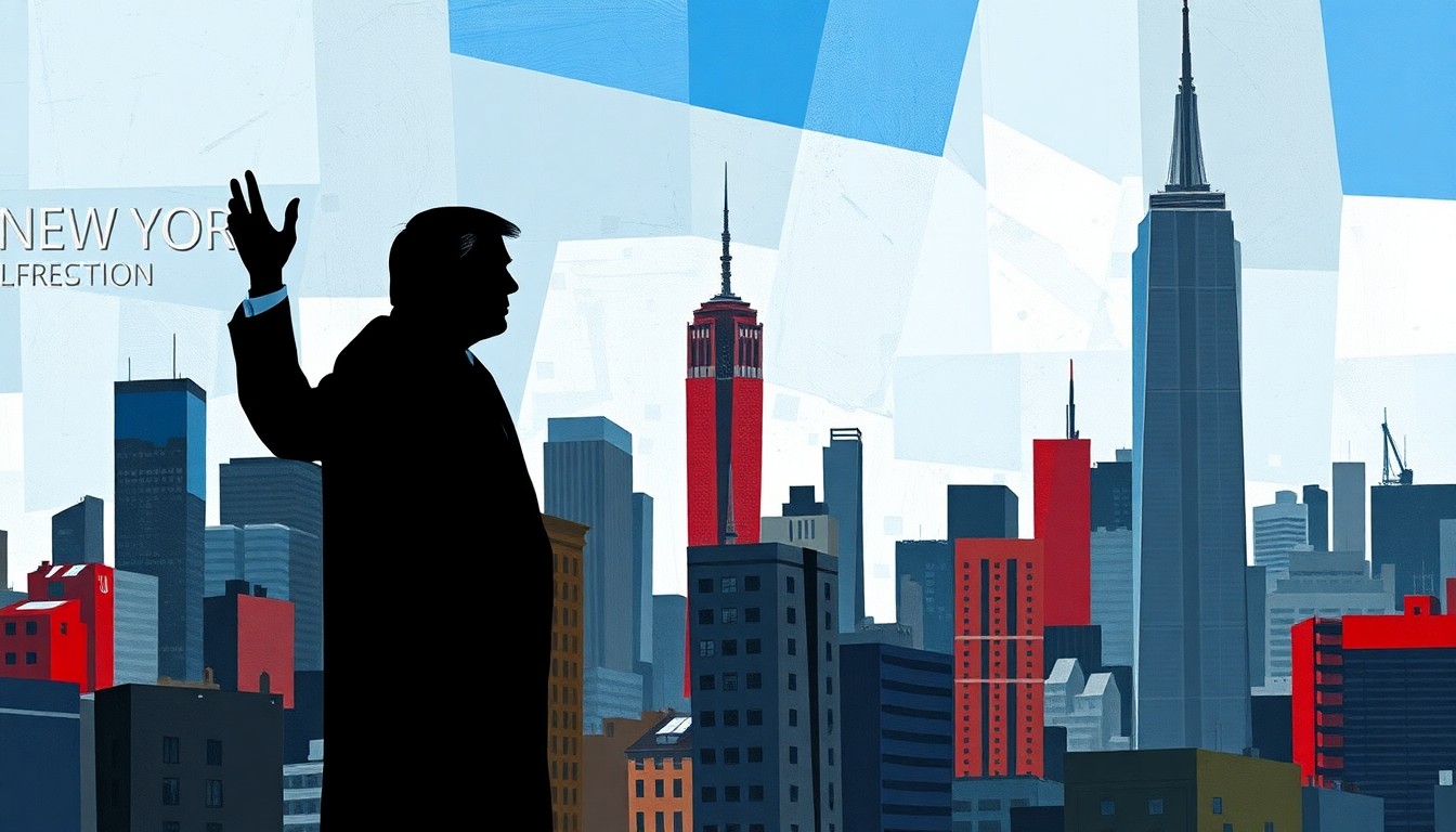 A dynamic, abstract painting depicting the New York City skyline in overlapping, geometric waves of color, with the silhouette of a gesturing figure in the foreground, conveying the passionate political climate surrounding the city's new progressive mayor.