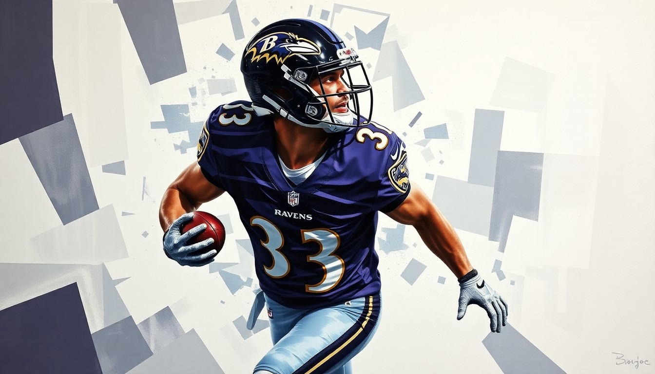 A fragmented, cubist-style painting depicting a Ravens football player in their new 'Next Flight' uniform, with sharp, overlapping geometric shapes and planes of color representing the uniform's bold, modern design.