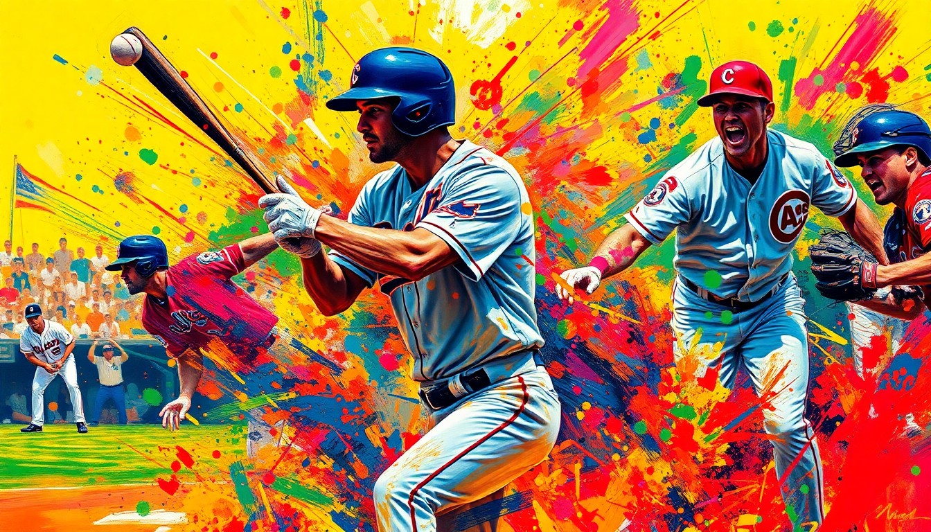 A vibrant, expressionist painting in neon colors depicting the dynamic movements and energy of a baseball game, with players' faces and uniforms dissolving into unrecognizable splatters of color.