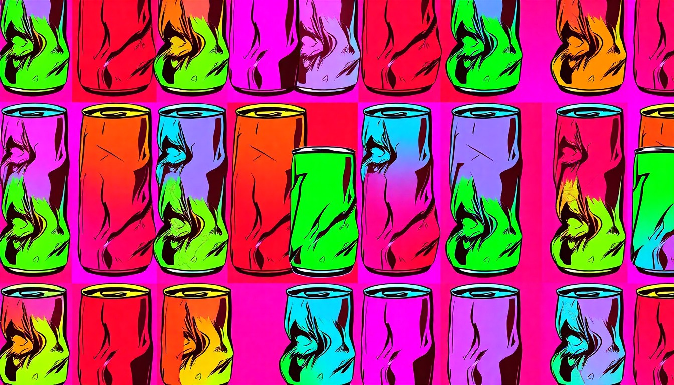A highly stylized, abstract image composed of repeating neon-colored silkscreen prints of a crumpled soda can, conceptually representing the pervasive issue of roadside litter in Alabama.
