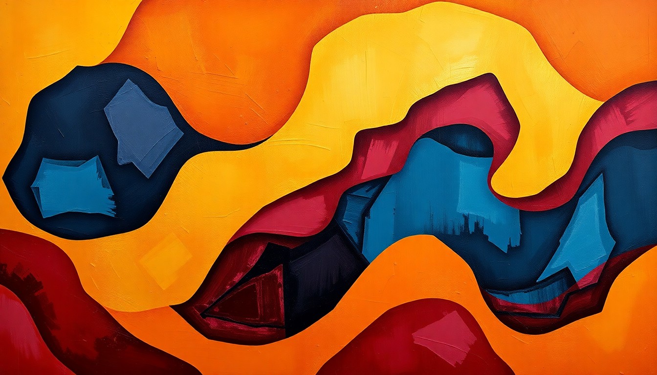 An abstract, textured painting with overlapping geometric shapes in warm gold, deep burgundy, and cool blue, conveying a sense of motion and energy around a community issue.