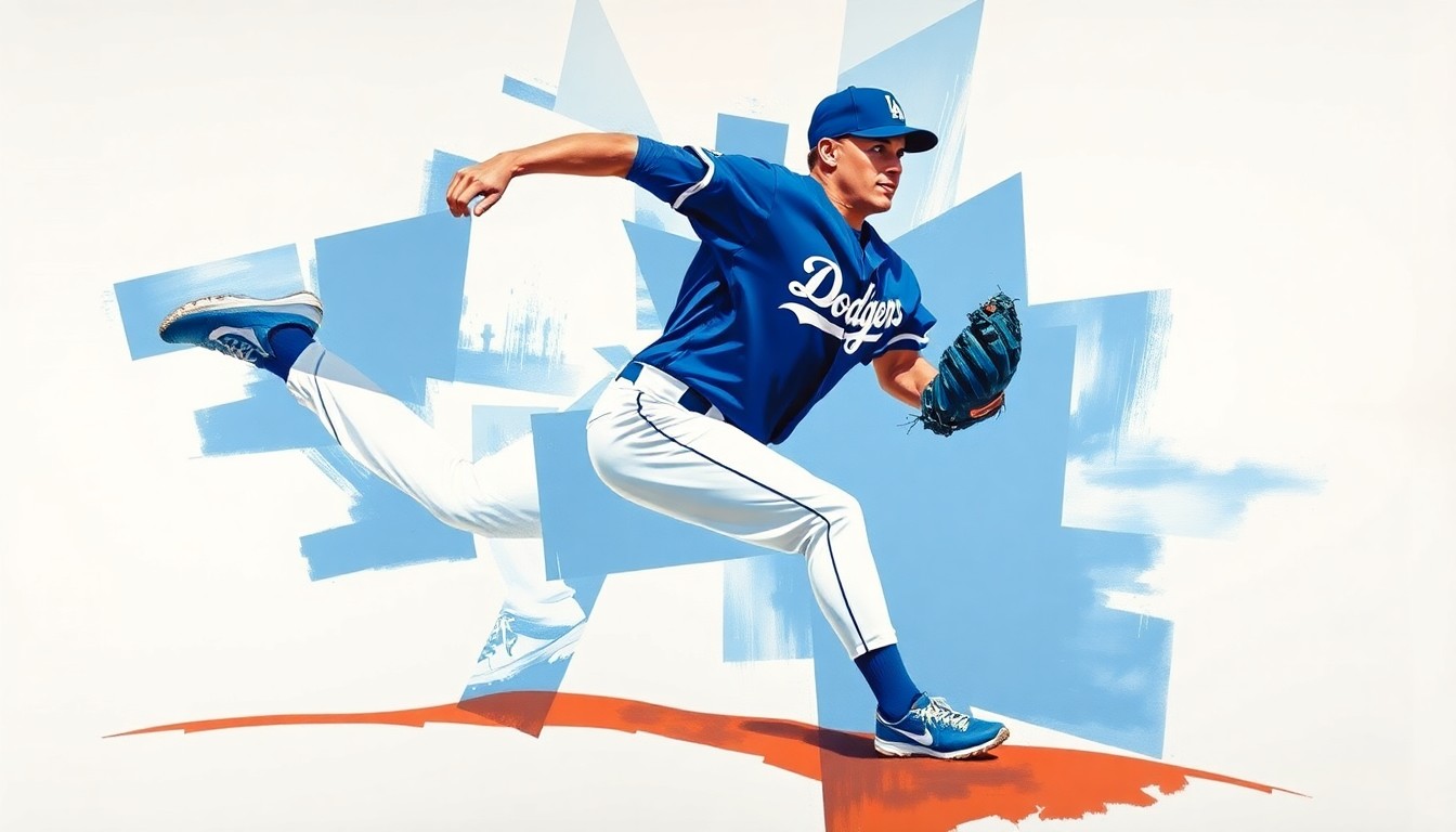 A cubist, geometric painting depicting the motion of a baseball pitcher, with sharp planes of Dodger blue and white representing the raw energy and movement of the sport.
