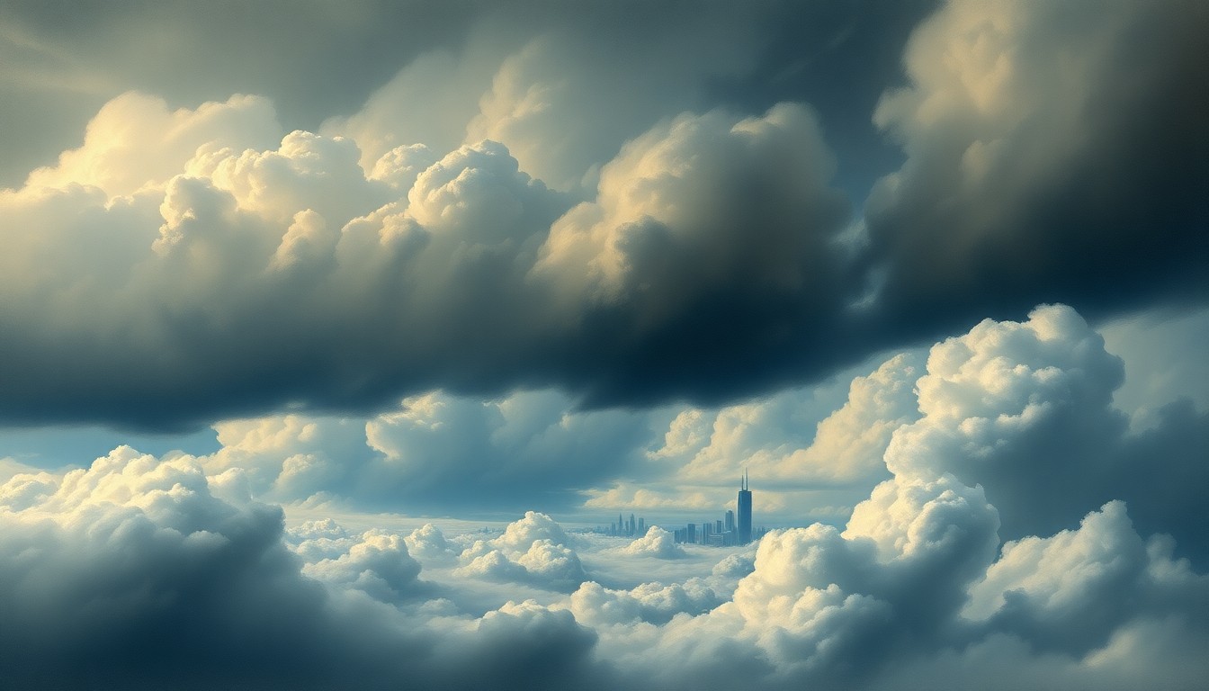 A sweeping, atmospheric landscape painting in muted tones of grey, blue, and white, depicting a stormy sky with heavy clouds obscuring the horizon. The Chicago skyline is barely visible in the distance, dwarfed by the dramatic weather conditions.