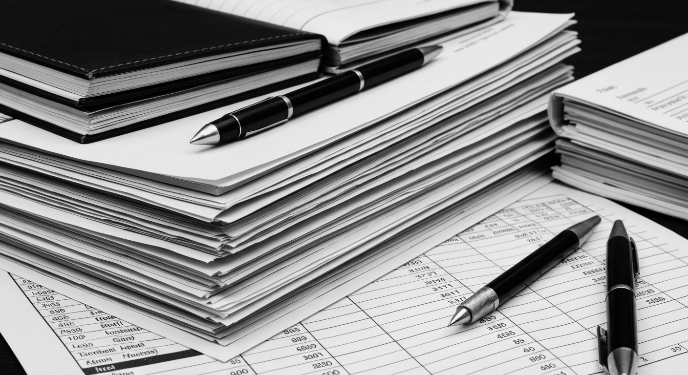 A high-contrast black and white close-up image of financial documents, ledgers, and accounting tools, conveying a sense of institutional stability and the tangible mechanics of the banking industry.