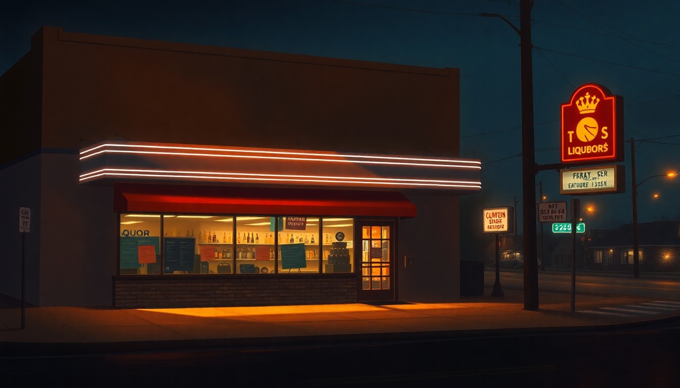 A photorealistic painting of a small liquor store in Kansas City's Midtown Corridor, with warm lighting and deep shadows creating a nostalgic, cinematic mood, conceptually representing the preservation of local character in the face of regulatory changes.
