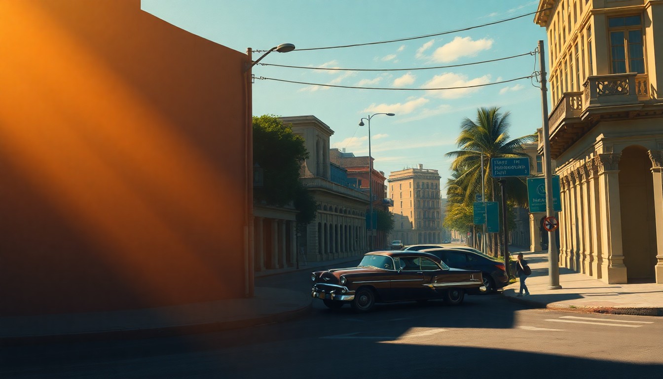 A serene, cinematic painting of a quiet Havana street corner, with a vintage American car parked under the warm, golden sunlight and deep shadows, conveying a sense of nostalgia and the complex political dynamics between the two nations.