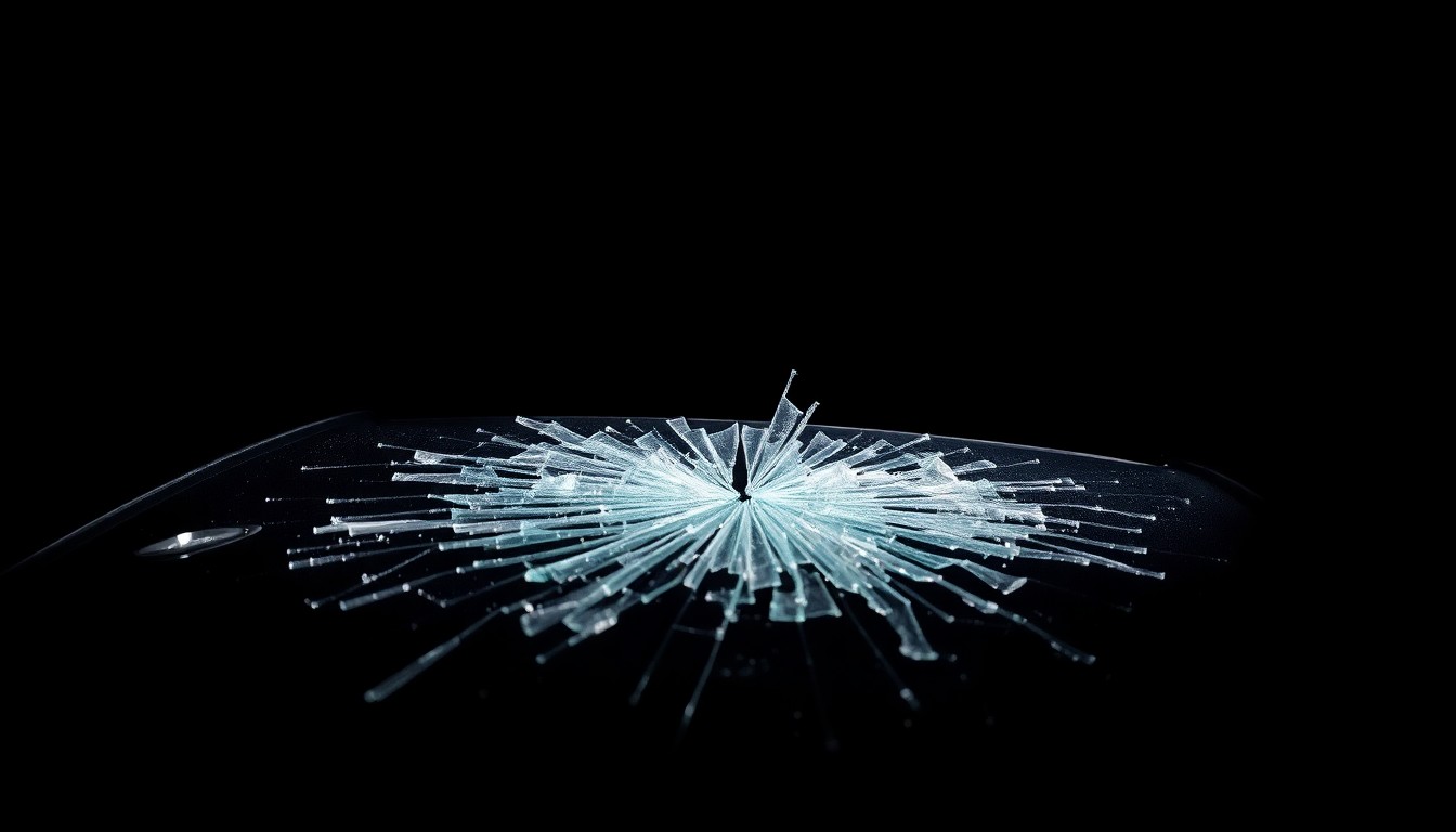 An extreme close-up photograph of a shattered car windshield against a pitch-black background, capturing the stark, gritty aftermath of a domestic tragedy through the dramatic lighting and focus on the fractured glass.