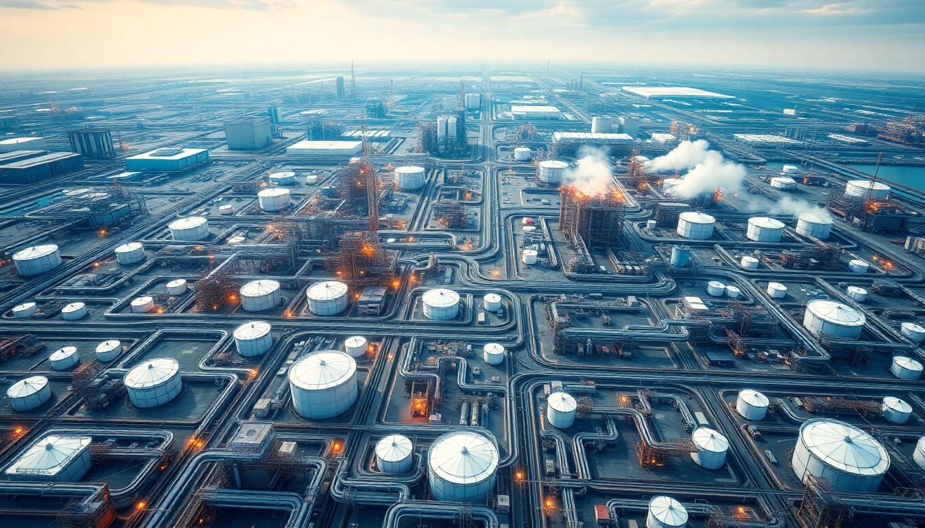 An extreme aerial view of an oil refinery with rows of massive storage tanks, pipelines, and other industrial structures stretching to the horizon, conveying the vast scale and complexity of the global energy system.