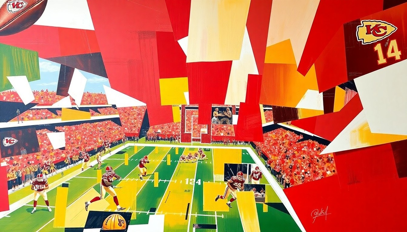 A cubist, geometric painting featuring sharp, overlapping planes of red, gold, and white, conceptually representing the strategic maneuvering of an NFL team's roster decisions.