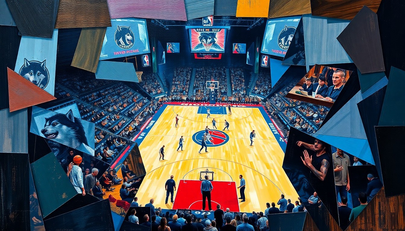 A cubist-style painting depicting a basketball game with fragmented, overlapping geometric shapes in shades of blue, green, and orange, conveying the high-stakes tension of the Timberwolves-Nuggets playoff matchup.