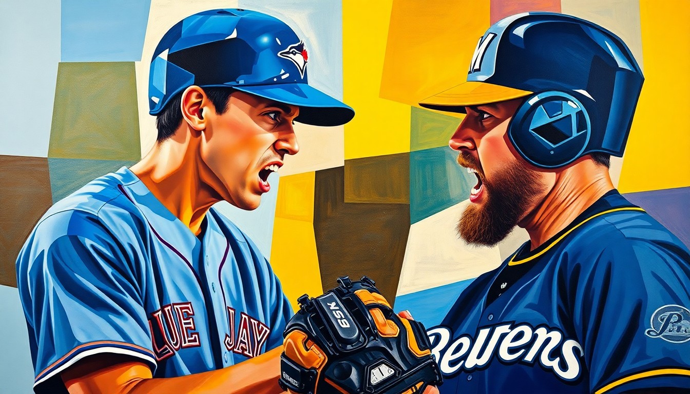 A fractured, cubist-style painting depicting the confrontation between a baseball player and pitcher, with sharp geometric shapes and planes of the players' uniforms in the team colors of the Toronto Blue Jays and Milwaukee Brewers.