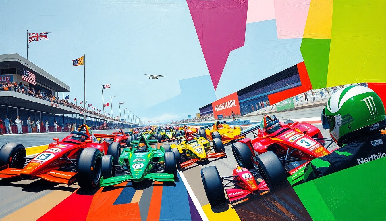 A fractured, geometric painting depicting race cars and drivers on the Streets of Long Beach circuit, broken down into sharp, overlapping planes of color.