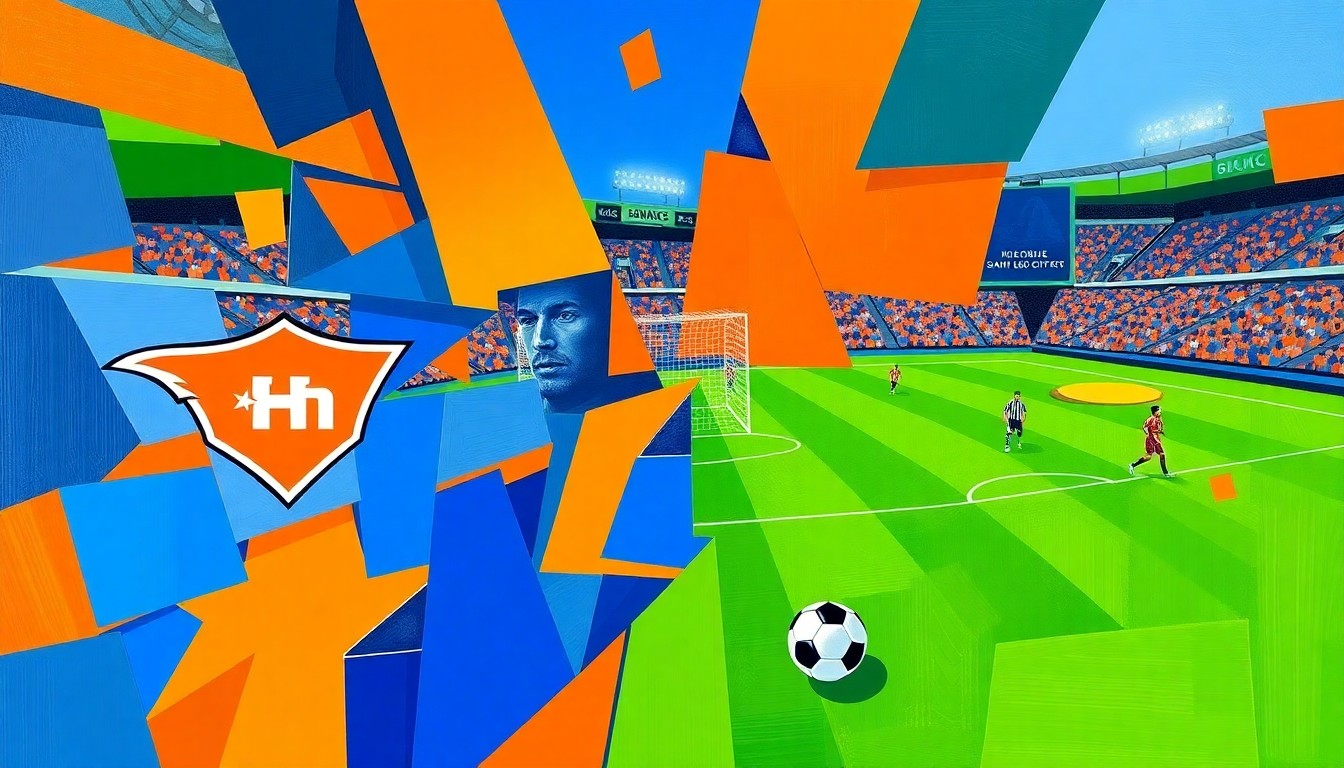 A fractured, geometric painting depicting a soccer match between two teams, with sharp planes of color representing the players and action on the field.