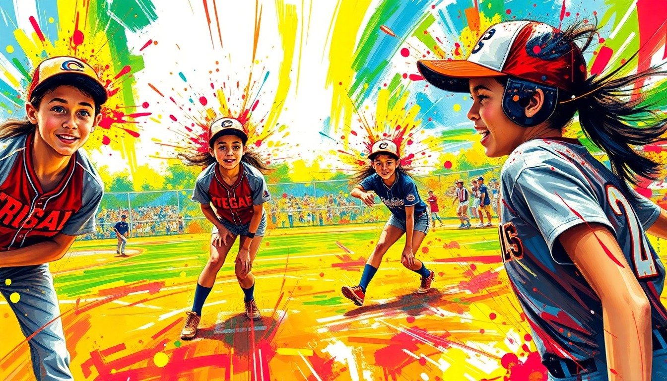 An abstract expressionist painting in vibrant neon colors, with dynamic brushstrokes capturing the kinetic energy of a high school softball game, players' forms dissolving into colorful splatters.