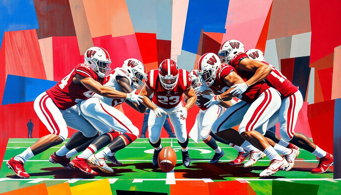 A cubist-style painting depicting the abstract shapes and movements of an offensive line play, with players' bodies fractured into geometric planes of color and texture.