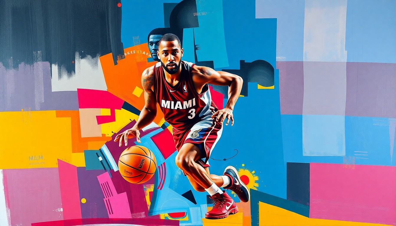 A fragmented, cubist-style painting depicting a basketball player in mid-motion, with their body broken down into sharp, overlapping geometric shapes in a color palette of red, yellow, and blue, conceptually representing the uncertainty and complexity surrounding Norman Powell's future with the Miami Heat.