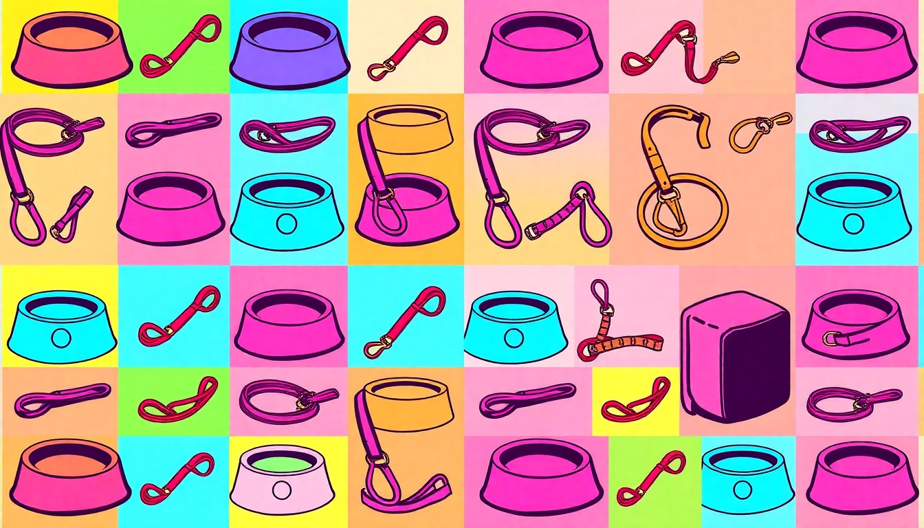 A brightly colored, high-contrast silkscreen print of a dog bowl repeated in a tight grid pattern, capturing the pop art style and conceptually representing the everyday tools of animal welfare work.