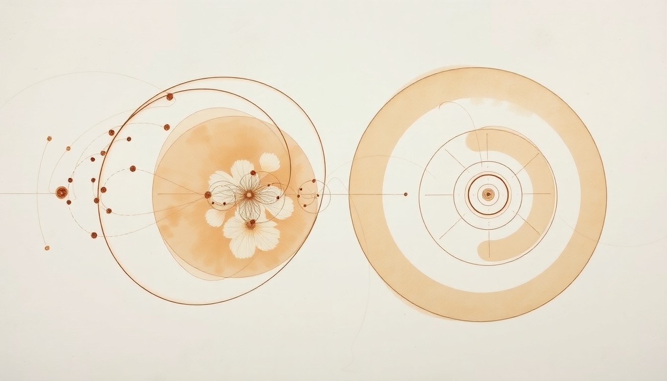 A highly textured, abstract painting in soft earth tones depicting sweeping geometric shapes, concentric circles, and precise botanical spirals, representing the complex interplay of bacterial sensors, quinone signaling, and electrical currents in the e-COSENS bioelectronic system.