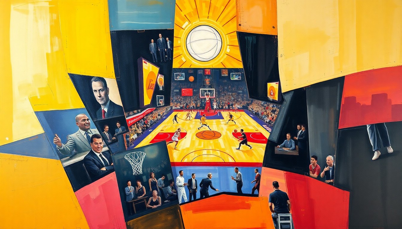 A cubist-style painting depicting a basketball game between the Los Angeles Lakers and Houston Rockets, with the players and court broken down into sharp, overlapping geometric shapes and planes in vibrant colors.