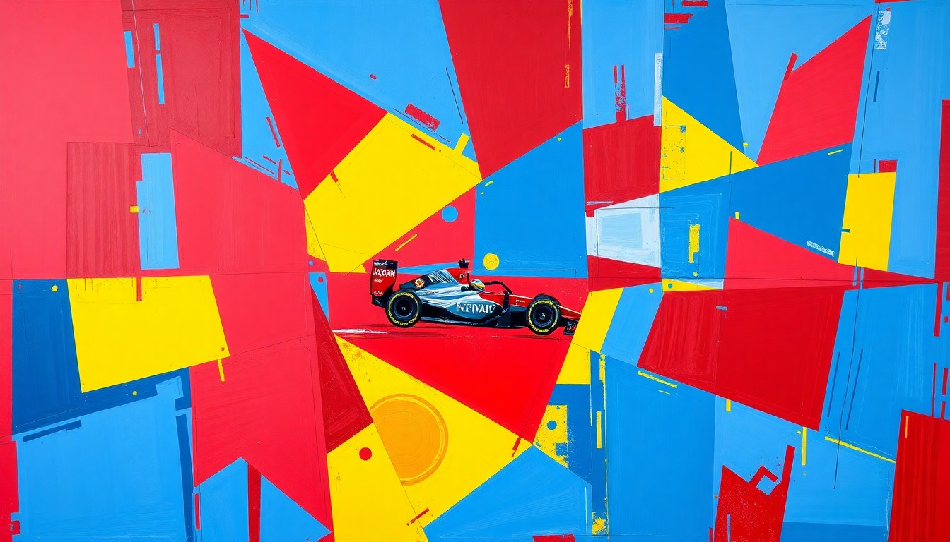 A fractured, multi-perspective painting in bold, overlapping geometric shapes and planes of red, blue, and yellow, conceptually representing the high-energy action and technical complexity of an INDYCAR practice session on the streets of Long Beach.