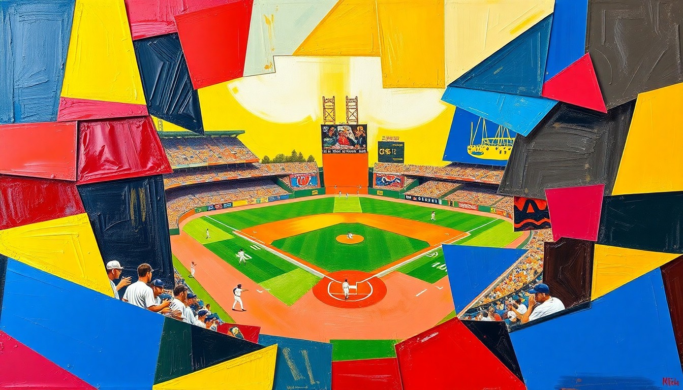 A fragmented, geometric painting in bold colors depicting various baseball actions and players, conveying the conceptual essence of a hard-fought pitchers' battle.