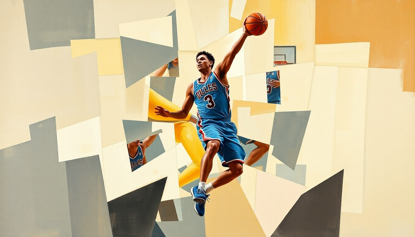 A fragmented, geometric painting depicting the movements and actions of a college basketball player, with sharp planes of color and form breaking the figure down into an abstract composition.