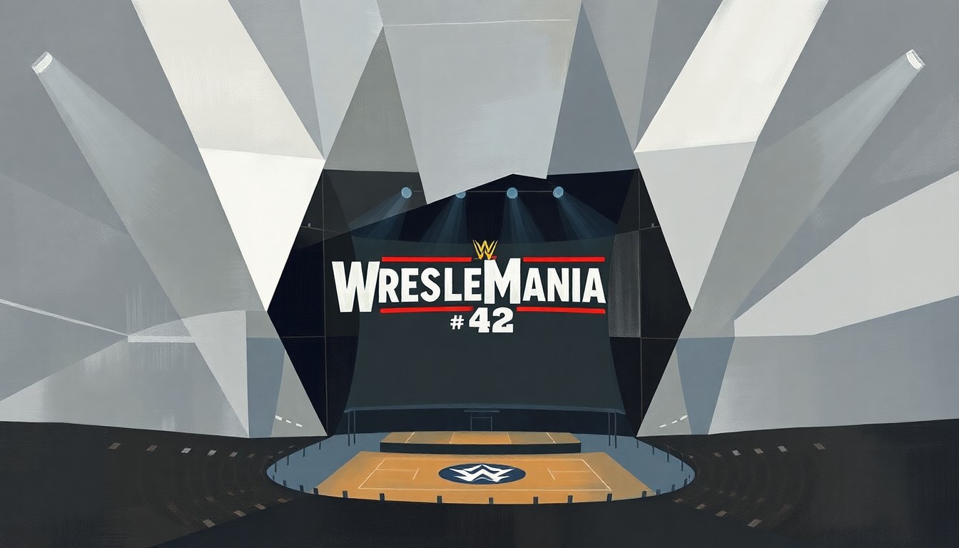 A cubist, geometric illustration depicting the WrestleMania 42 stage design in a muted, fragmented style, conveying a sense of underwhelming production value and fan dissatisfaction.
